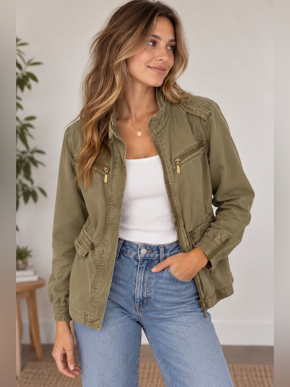 Max Jeans Olive Green Utility Military Jacket Size Medium